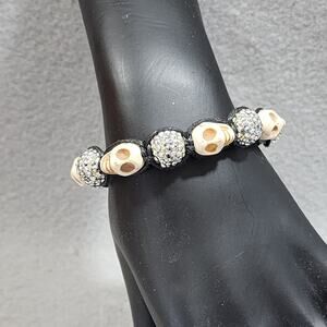 SKULL And Pave Rhinestone Beaded Adjustable Pull Cord Slider Halloween Bracelet